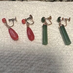 Gold-Tone Red and Green Drop Clip-On Earrings 18k